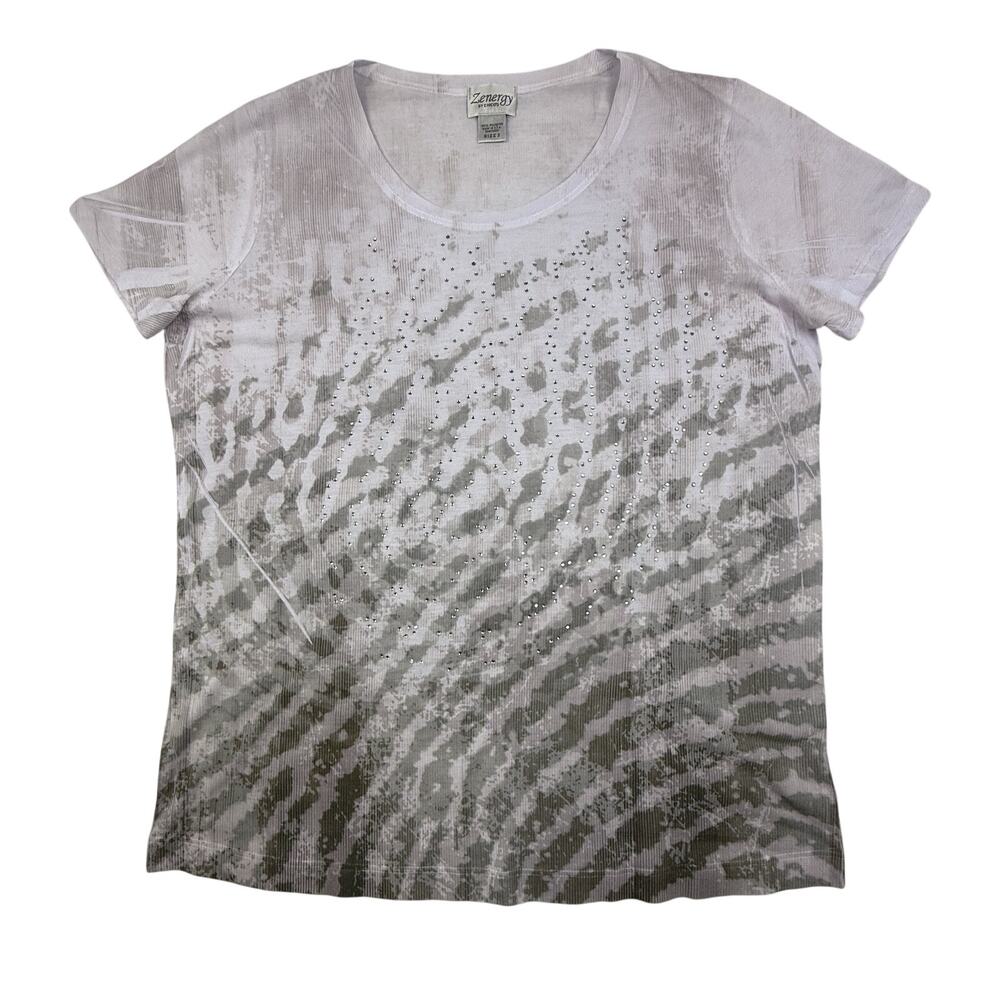 Zenergy Chicos Top White Gray Silver Blingy Animal Print Short Sleeve Tee Large